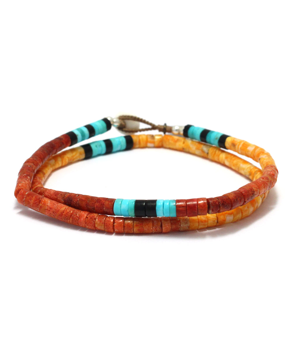 heishi beads double wrap bracelet / spiny oyster, coral, turquoise