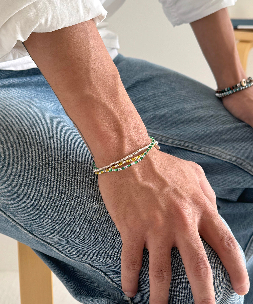 small silver beads bracelet / green