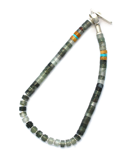 silver heishi bracelet / African bloodstone