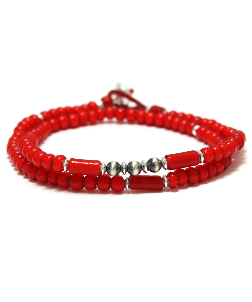 trade beads double wrap bracelet / red white hearts