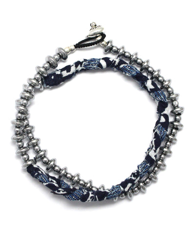 vintage denim / bandana / hematite double wrap bracelet